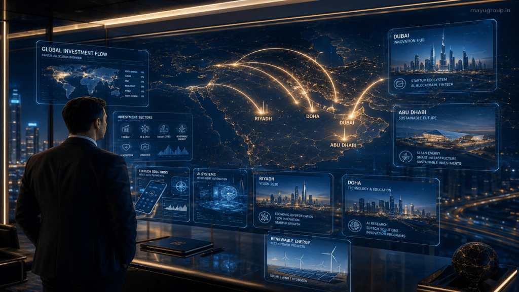 Investor analyzing holographic screens showing Middle East cities connected by glowing investment flows and startup ecosystems.