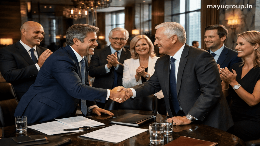 Corporate executives and private equity professionals shaking hands after completing a leveraged buyout agreement in a luxury office environment.