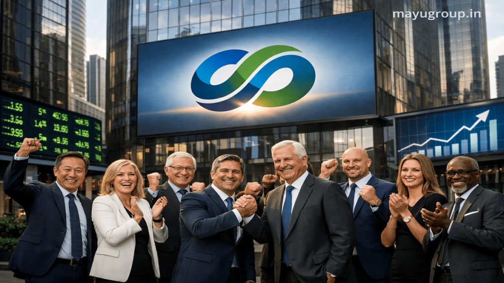 Executives and investors celebrating a successful merger outside a modern corporate headquarters with digital displays showing financial growth and unified branding.