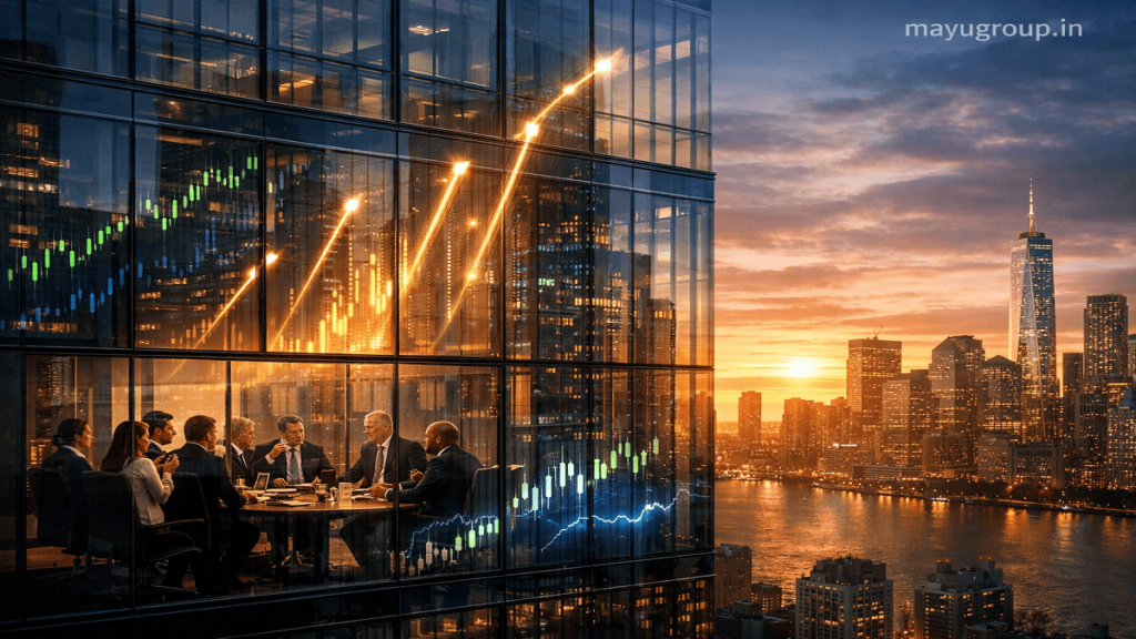 A modern corporate skyscraper at sunset symbolizing business growth through public market funding.