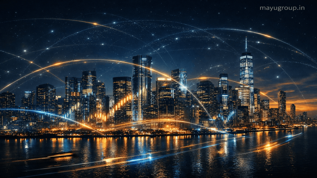 A futuristic global financial city skyline at night with glowing buildings and light trails representing secondary market funding and trading flows.