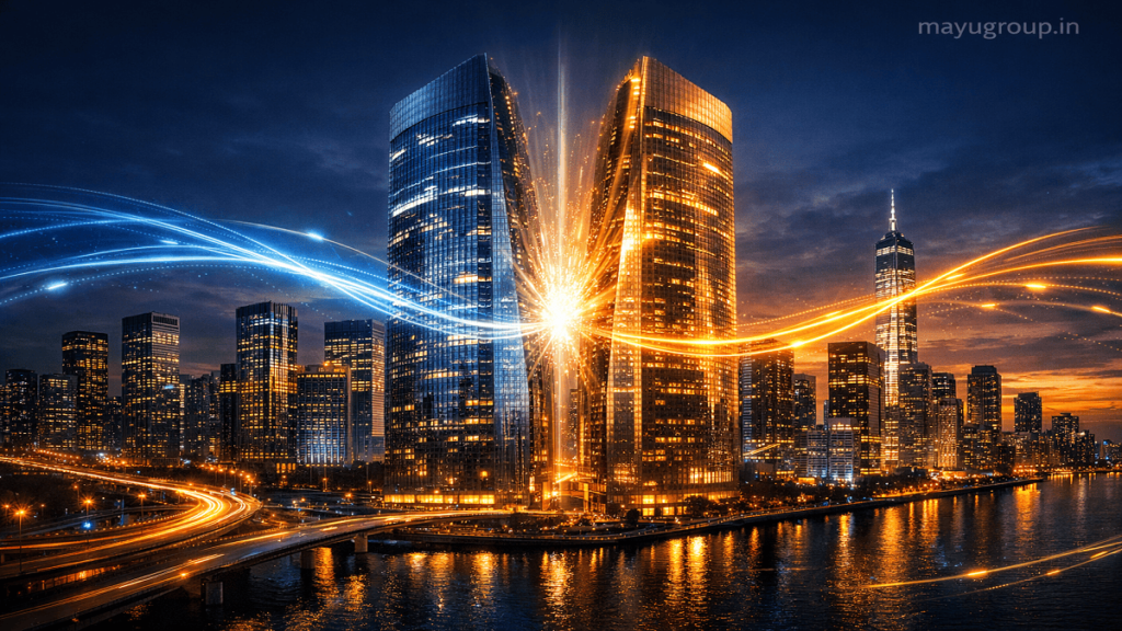A futuristic financial city where a corporate tower splits into two skyscrapers symbolizing spin-off financing and business expansion.