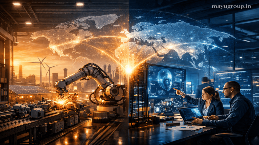 A split-scene showing an automated factory and a digital AI technology hub connected by a glowing world map representing global strategic investment.