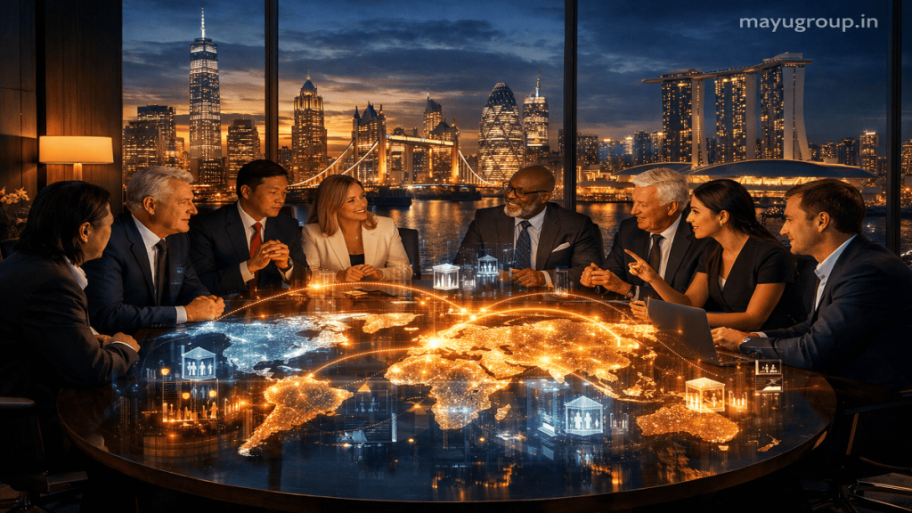 A futuristic boardroom with executives around a glowing world map table representing global treasury funding and financial networks.