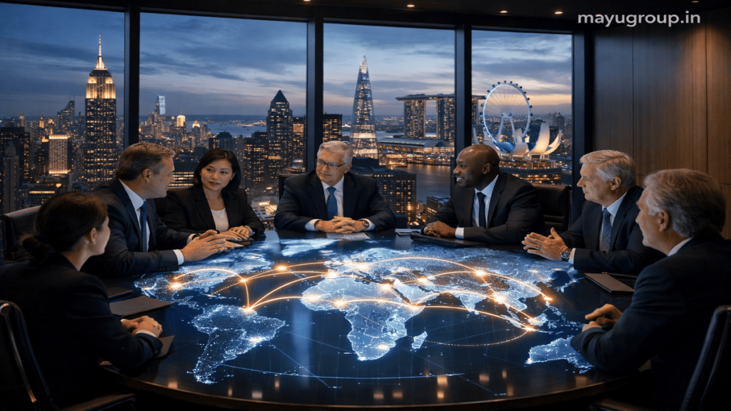 A futuristic boardroom with executives around a glowing world map table representing global treasury and liquidity management.