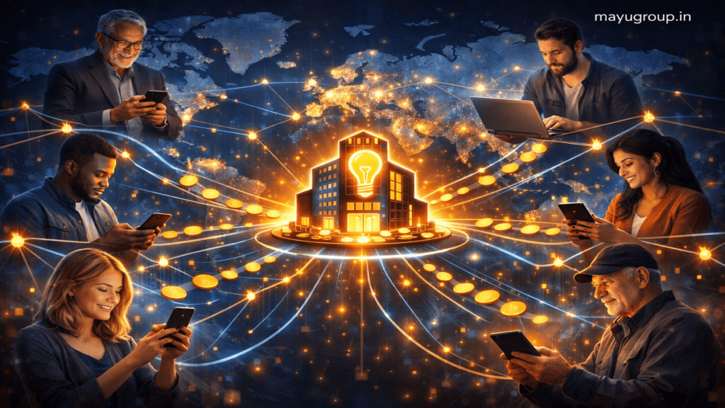 Global network visualization of people contributing money to a central business idea through digital connections and crowdfunding platforms.