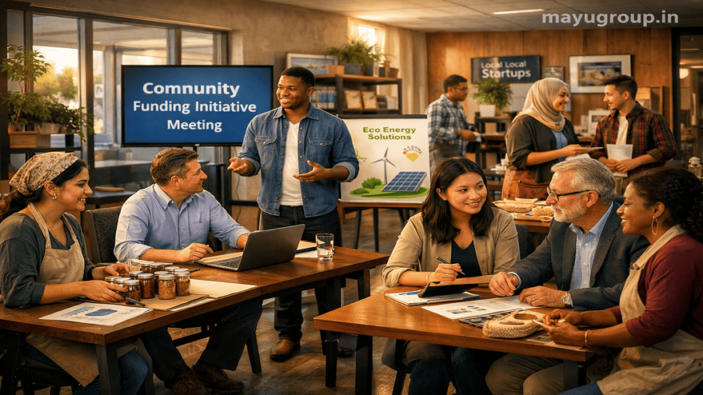 Local entrepreneurs and community members participate in a funding and business development session at a community center.