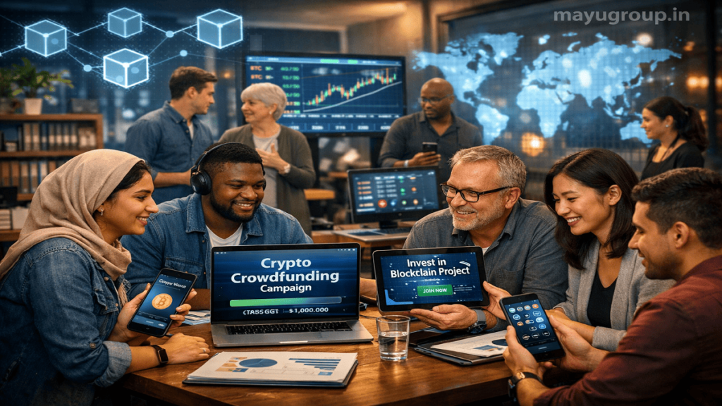 Investors from different regions participate in a crypto crowdfunding campaign using digital wallets, blockchain platforms, and cryptocurrency networks.