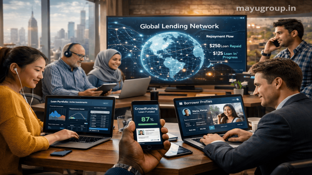 Global investors use digital devices to participate in debt crowdfunding investments through online lending platforms and financial dashboards.