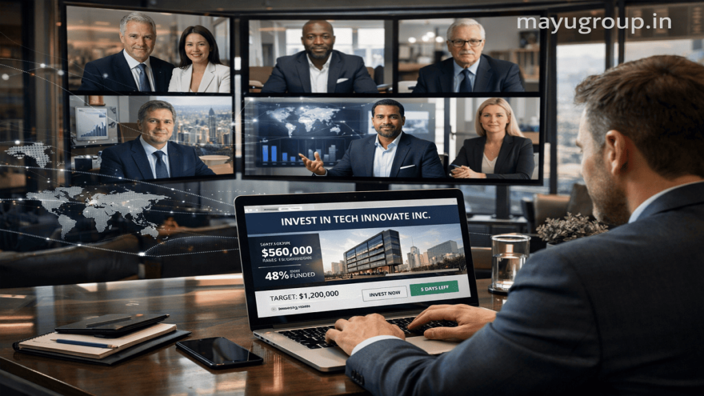 Entrepreneurs and investors engaging in an online equity crowdfunding campaign using digital technology and investment platforms.