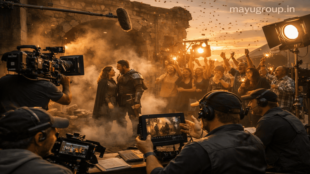 Professional film crew working on a movie set funded through crowdfunding with supporters helping bring the project to life.
