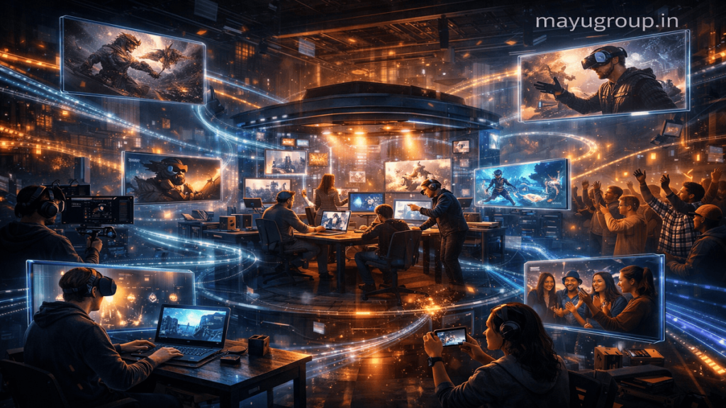 Futuristic studio surrounded by holographic game designs and global gamers contributing funding through digital devices in a sci-fi inspired environment.