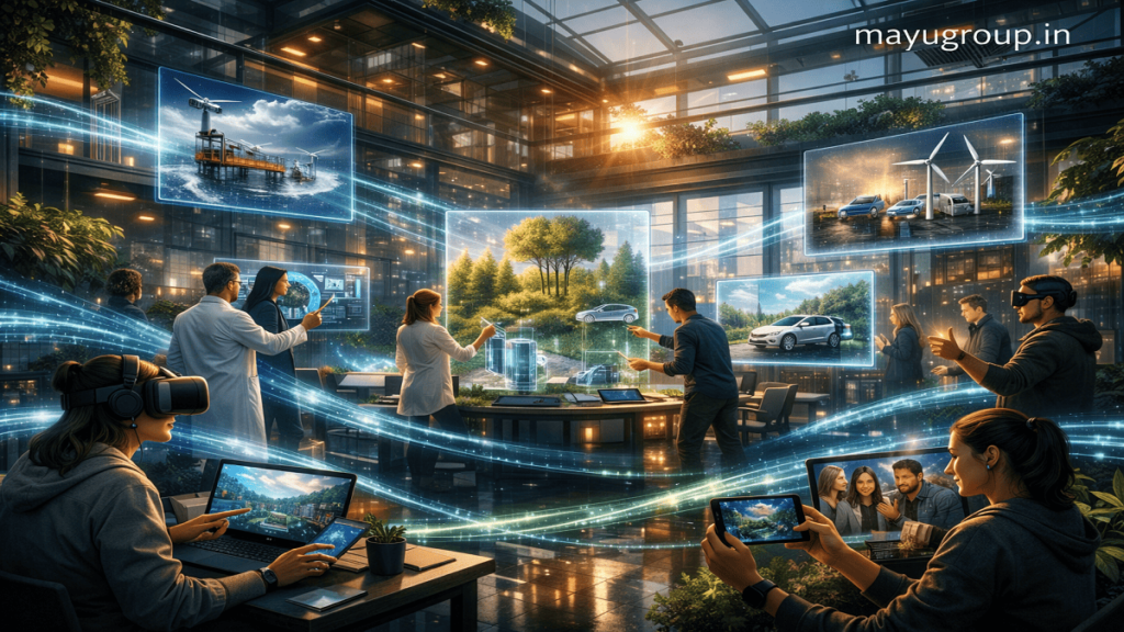 Futuristic eco-tech hub with scientists and holographic displays showing renewable energy and climate solutions funded through global digital crowdfunding.