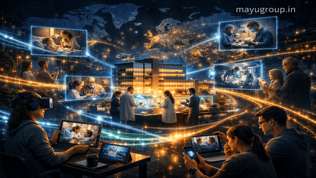 Futuristic global healthcare crowdfunding network connecting hospitals and donors through digital light streams, representing worldwide medical funding support.