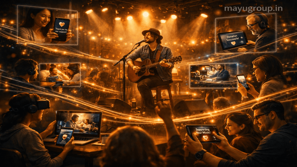 A musician performing on stage connected digitally to global fans contributing through crowdfunding on smartphones and laptops.