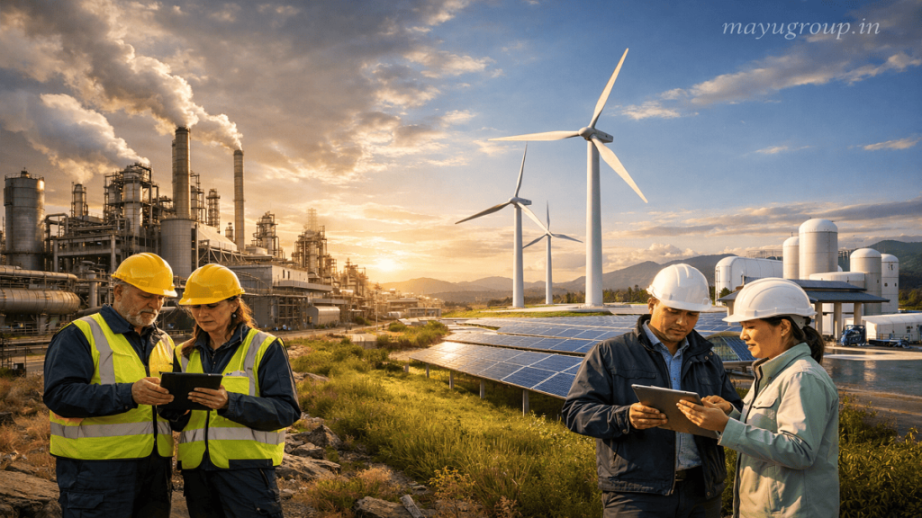 A wide industrial scene showing a transition from traditional manufacturing to clean energy systems including wind turbines, solar panels, and sustainable factory operations.