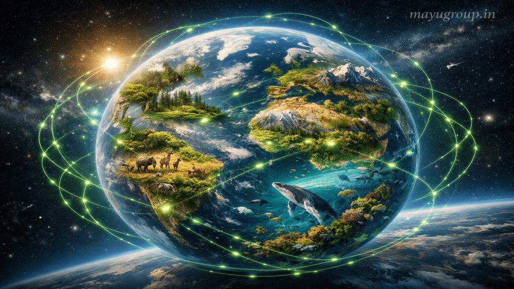 A futuristic Earth showing global biodiversity funding networks connecting forests, oceans, and ecosystems through glowing green conservation links.