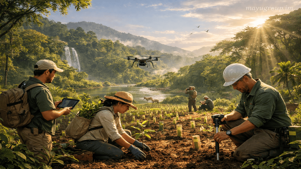 A reforestation project with conservation workers planting trees, drones monitoring forests, and a lush ecosystem representing carbon credit-funded environmental restoration.