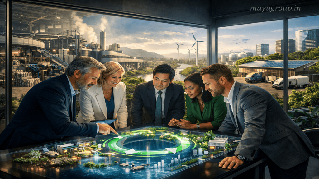 Financial analysts and sustainability professionals collaborating around a digital investment platform surrounded by recycling facilities, sustainable factories, and renewable energy projects.