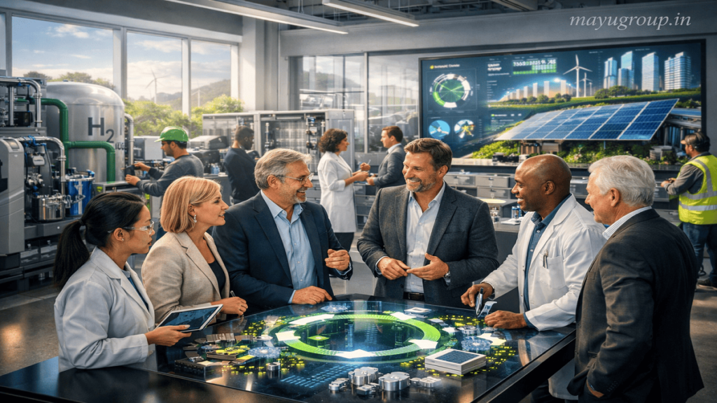 Investors and engineers touring a CleanTech research facility featuring advanced batteries, renewable energy technologies, and sustainable innovation projects.