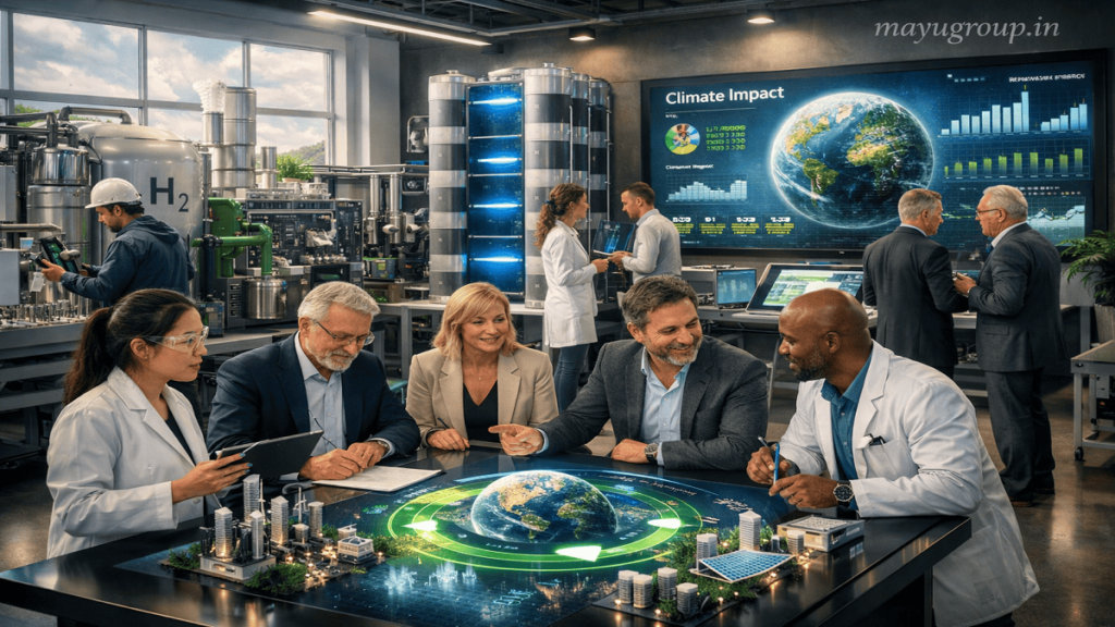 Engineers and investors collaborating in a climate tech innovation center with renewable energy prototypes, battery systems, and green hydrogen technology.
