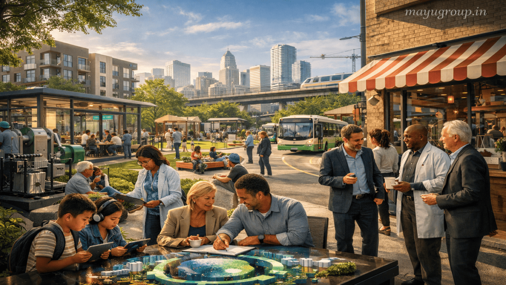 Urban neighborhood with affordable housing, digital learning centers, parks, small businesses, and families engaging in community activities supported by investment programs.