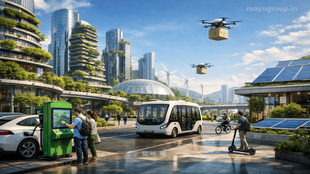 A futuristic sustainable city with electric vehicles, solar rooftops, wind turbines, green buildings, and smart eco-friendly infrastructure.