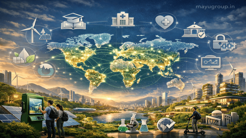 A futuristic global map showing ESG investment connections with renewable energy icons, smart cities, and sustainability networks.