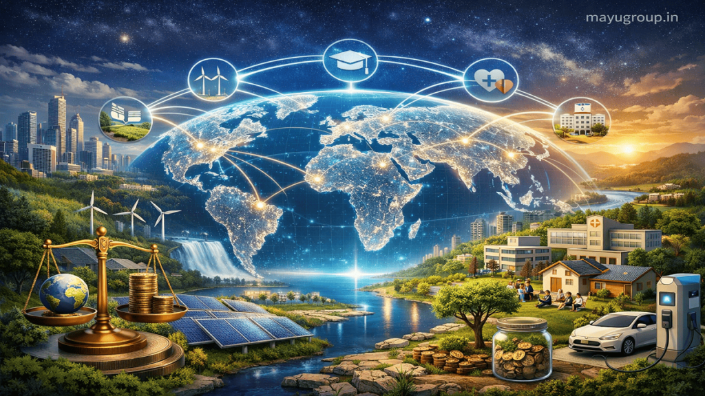 A futuristic world map showing ethical investing flows toward renewable energy, healthcare, education, and sustainable infrastructure projects.
