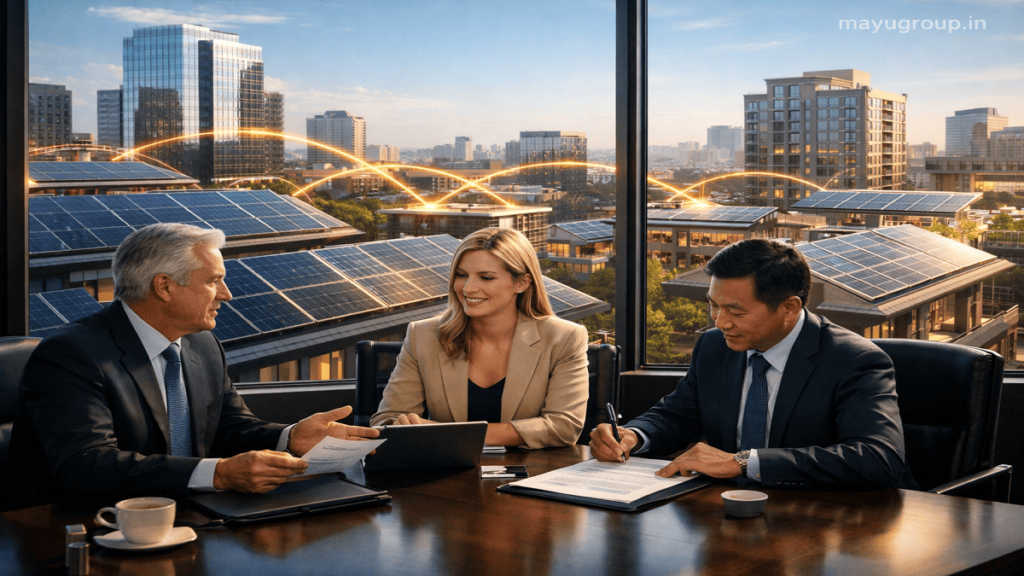 Modern city buildings with rooftop solar panels and a corporate office interior showing executives discussing solar financing agreements.
