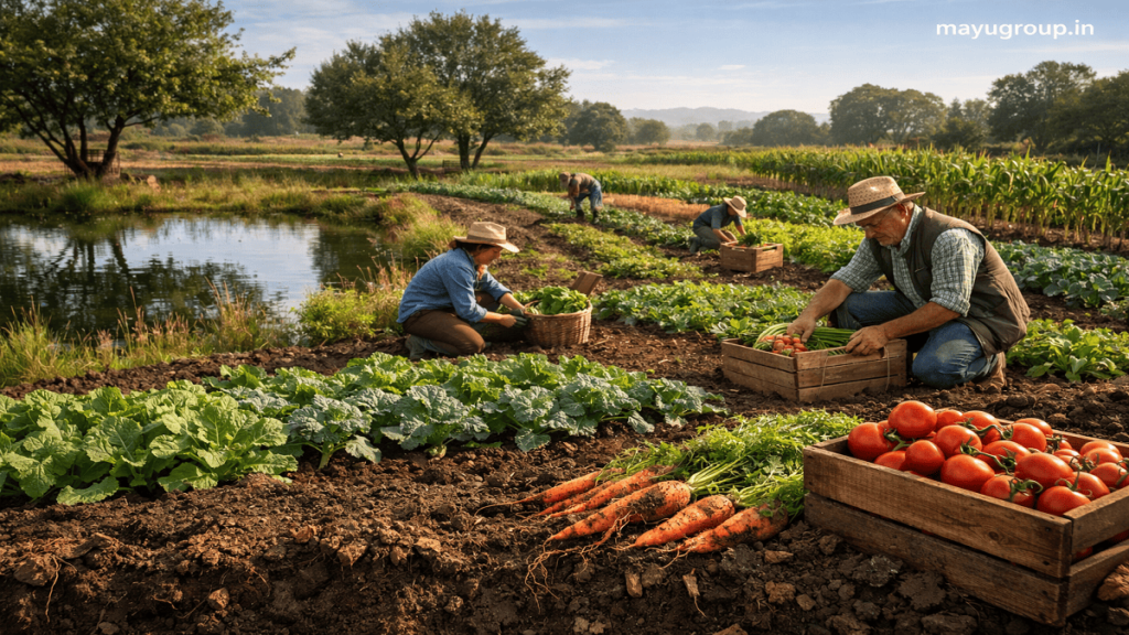 Farmers harvesting diverse crops on a sustainable farm with agroforestry systems, water conservation features, and healthy agricultural land.