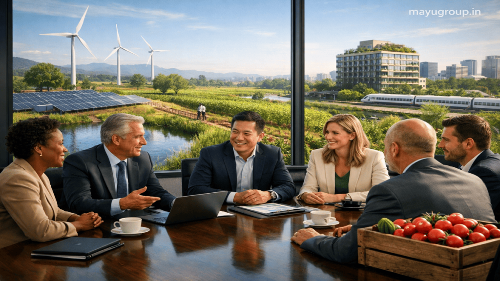 Corporate executives discussing sustainable investment opportunities in a modern boardroom overlooking renewable energy facilities, green buildings, and sustainable infrastructure.