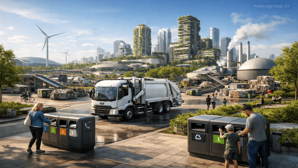 A futuristic cityscape showing smart waste bins, recycling systems, and green infrastructure integrated into urban life.