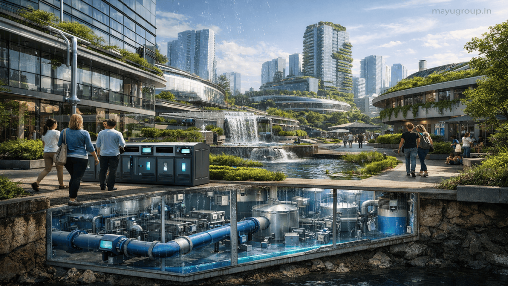 A futuristic smart city with water recycling systems, rainwater harvesting buildings, green rooftops, and digital water monitoring infrastructure.