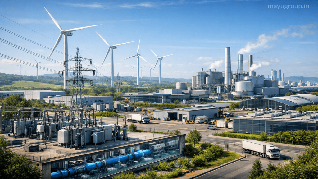 Wind turbines powering nearby industrial facilities including factories and data centers connected by transmission lines in a clean environment.