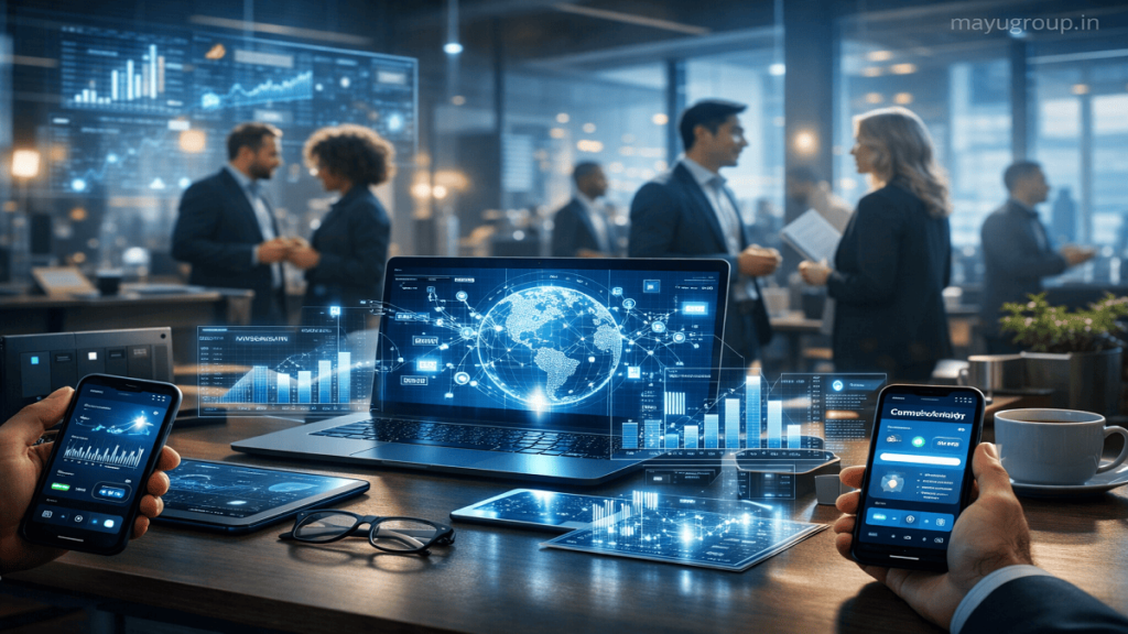 A futuristic office with professionals using digital devices and financial apps representing crowdfunding, peer-to-peer lending, and fintech investment platforms.