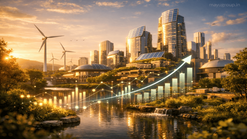 Modern eco-friendly smart city with solar panels, wind turbines, greenery, and digital financial growth graphs integrated into the environment.