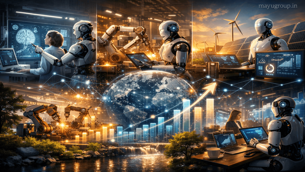 Futuristic multi-industry scene with AI agents operating in healthcare, manufacturing, energy grids, and finance, all connected through a global digital network.