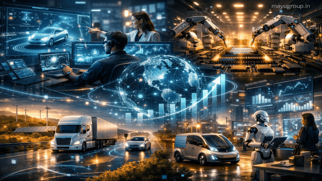 Futuristic ecosystem showing AI control centers, autonomous trucks, semiconductor production, and connected vehicles powered by digital networks.