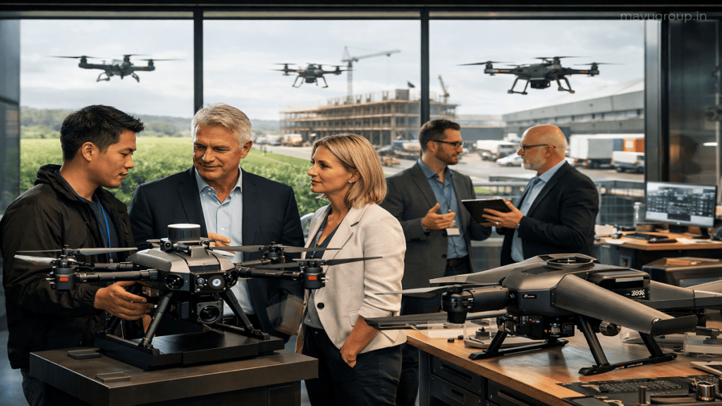 Investors and engineers discussing advanced drone technology in a modern startup innovation center with commercial drones and digital research equipment.