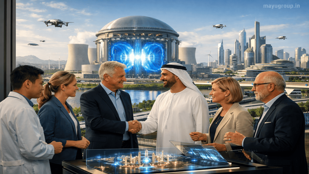A futuristic city powered by fusion energy with a large fusion plant, green buildings, electric transport, and investors collaborating on clean energy projects.