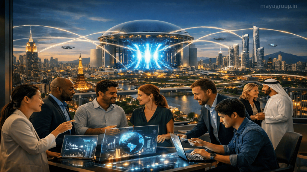 A global network of futuristic cities connected by digital data streams representing startup growth, investors, and technology collaboration.