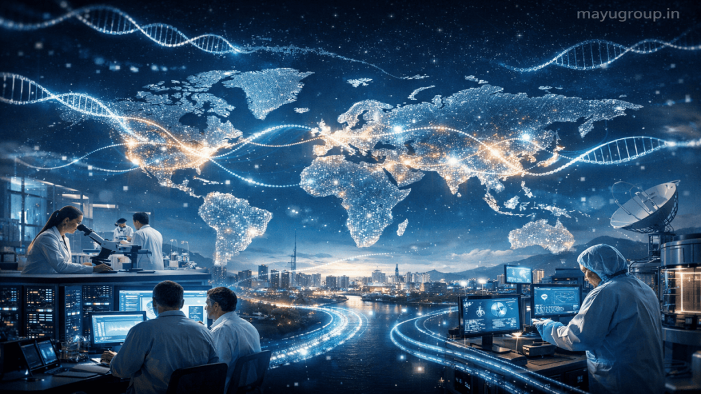 A futuristic world map with glowing network connections linking global research centers, laboratories, and scientists representing international genetic research funding and collaboration.