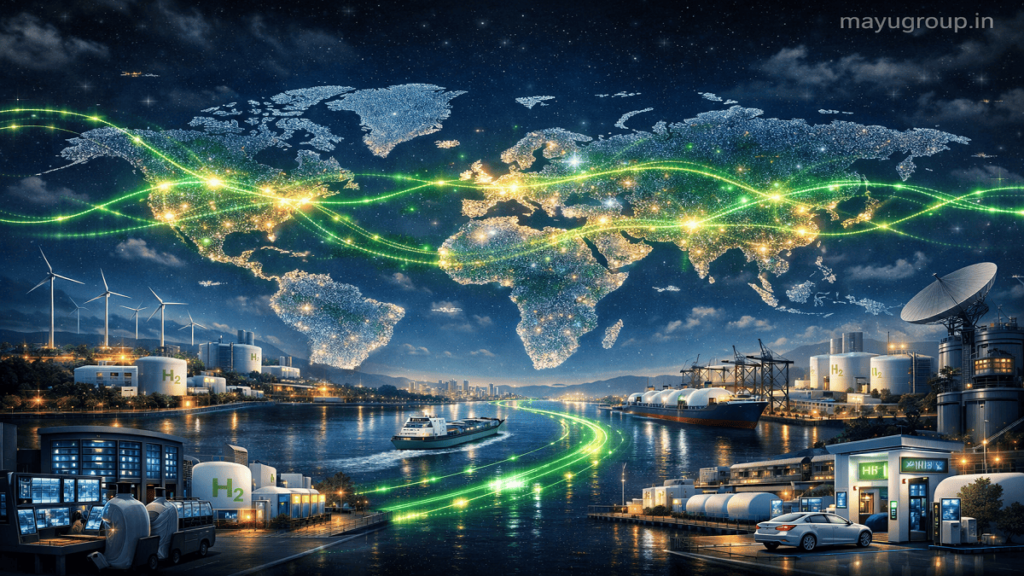 A futuristic world map with glowing connections linking countries, energy hubs, and hydrogen infrastructure representing global hydrogen funding and collaboration.