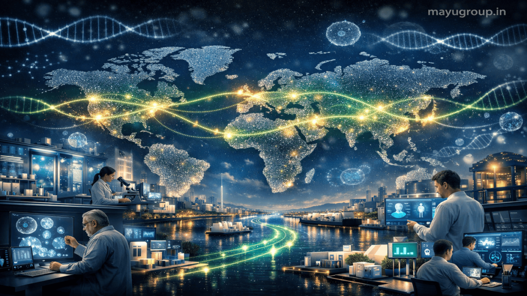 A futuristic world map showing glowing connections between global biotech hubs, representing investment flows and collaboration in longevity startup funding.