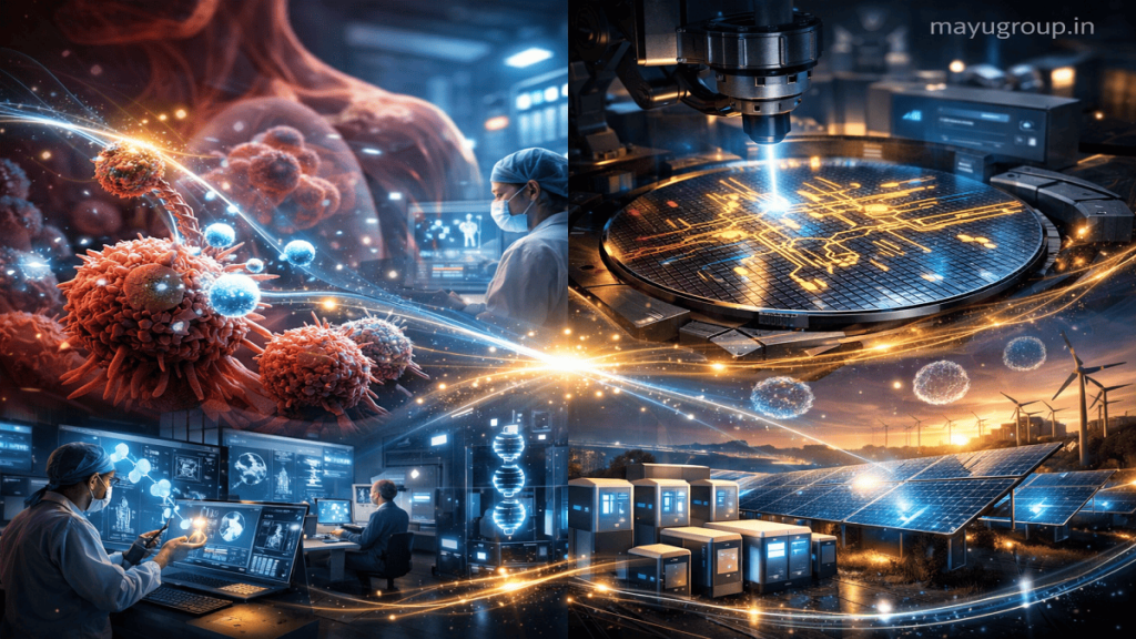 A split-scene visual showing nanotechnology applications in healthcare, semiconductors, and renewable energy systems.