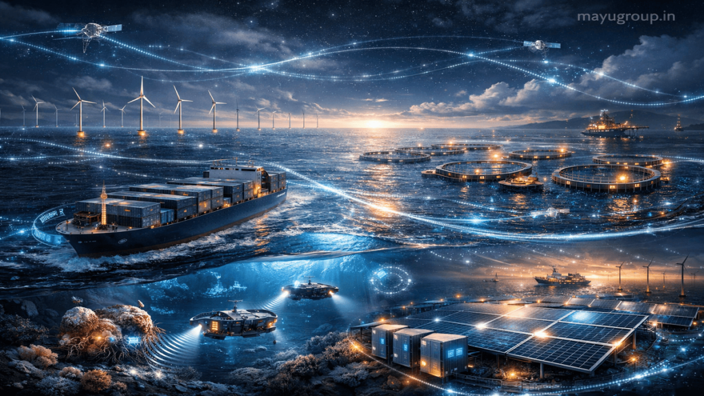 A wide futuristic ocean scene with smart ships, offshore wind farms, aquaculture systems, and underwater drones connected by digital data streams.