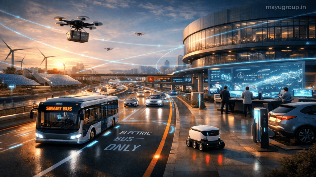 A futuristic transport network with electric buses, drones, autonomous delivery systems, and smart infrastructure connected by digital data streams.