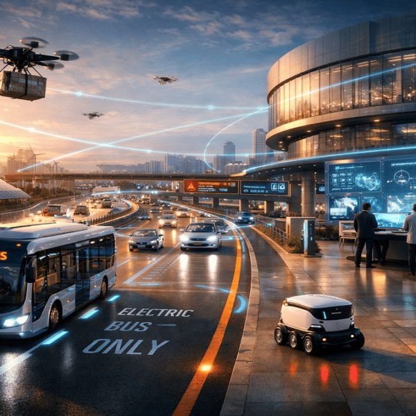 A futuristic transport network with electric buses, drones, autonomous delivery systems, and smart infrastructure connected by digital data streams.