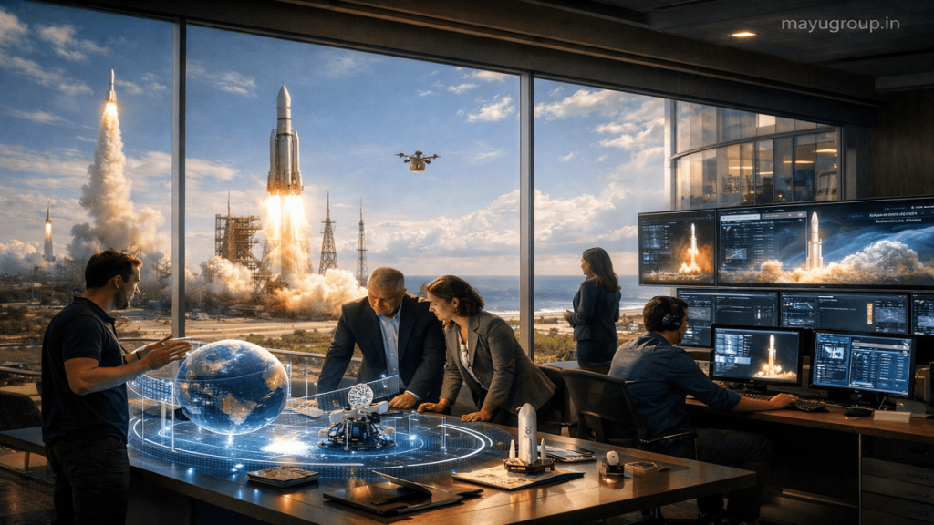 Realistic office interior with engineers and investors using holographic space models and satellite designs while rockets launch outside the window, with a “mayugroup.in” watermark in the top-right corner.